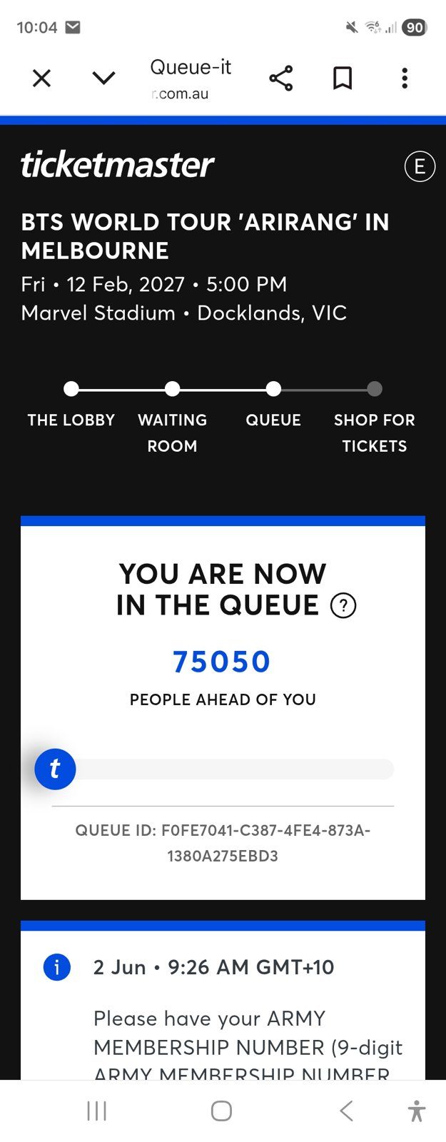 Screenshot of a Ticketmaster online queue showing 75,050 people ahead for BTS concert tickets