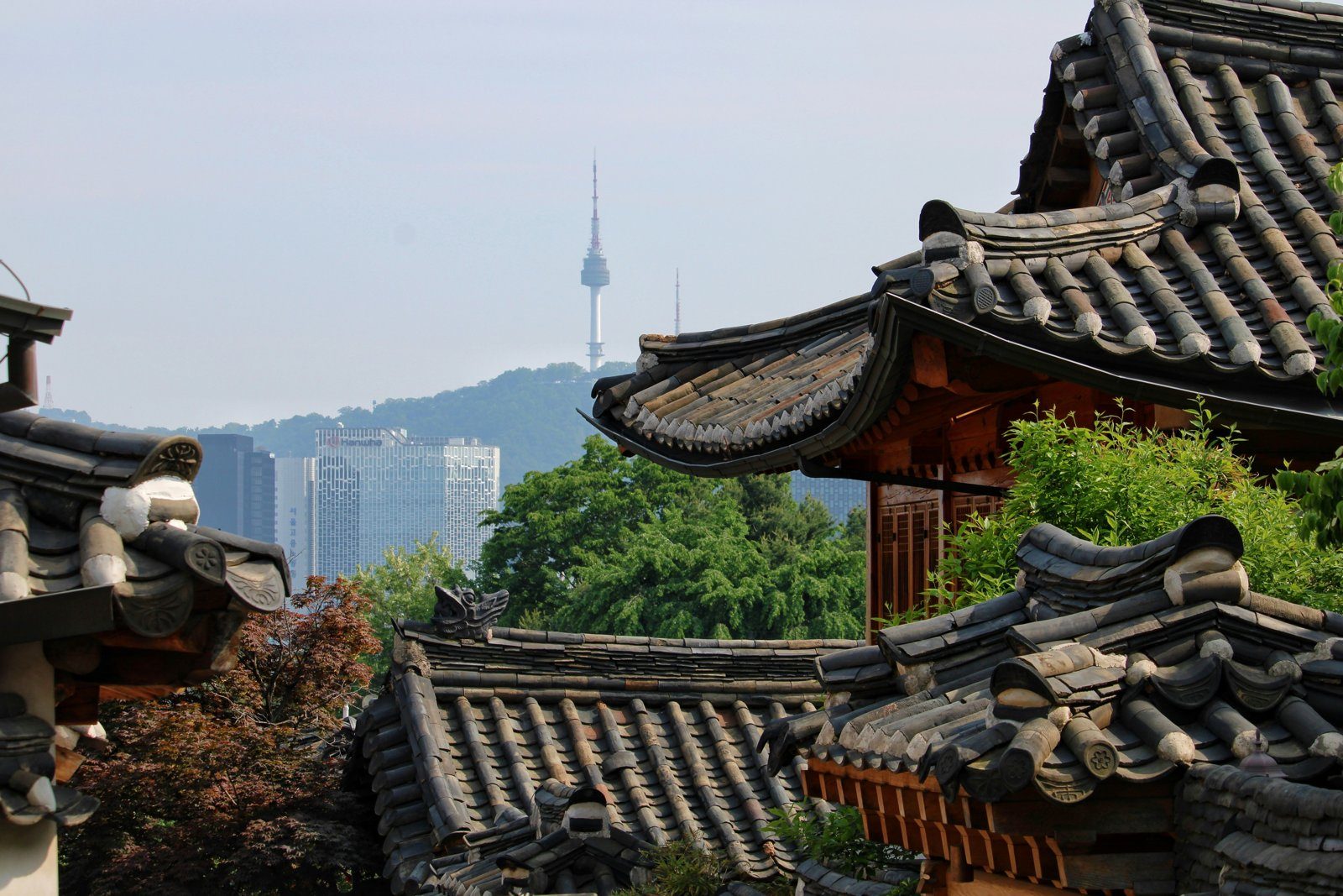Curved hanok rooftops in Bukchon with Namsan Tower in the distance