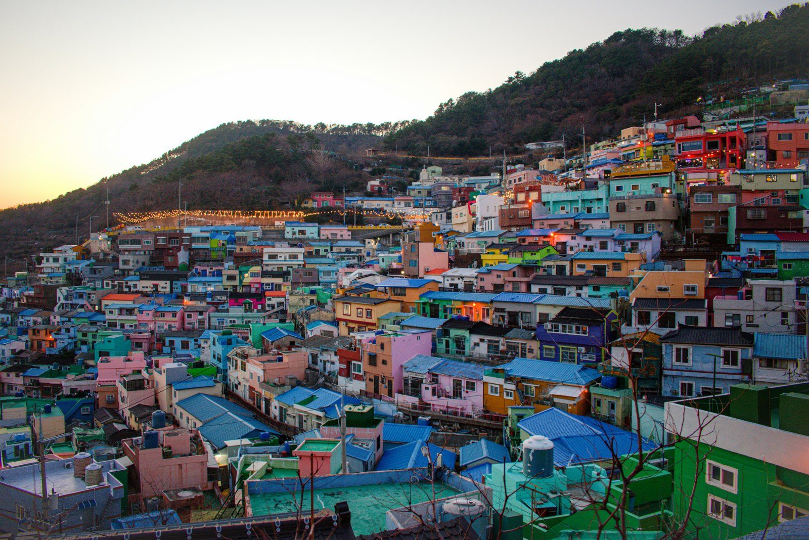 The colourful hillside houses of Gamcheon Culture Village, Busan at sunset
