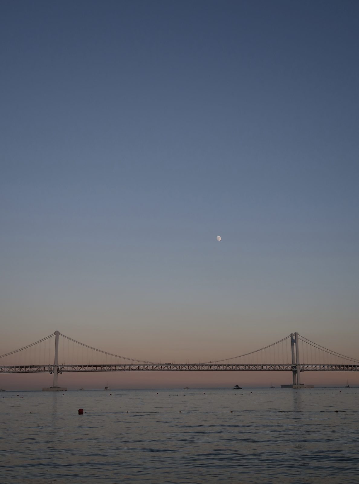 Gwangan Bridge stretching across the water at dusk in Busan, with the moon above it