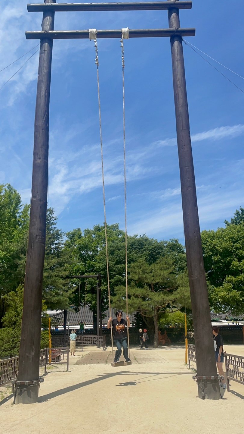 A giant traditional Korean swing at Gwanghalluwon, like the one in the Chunhyang story
