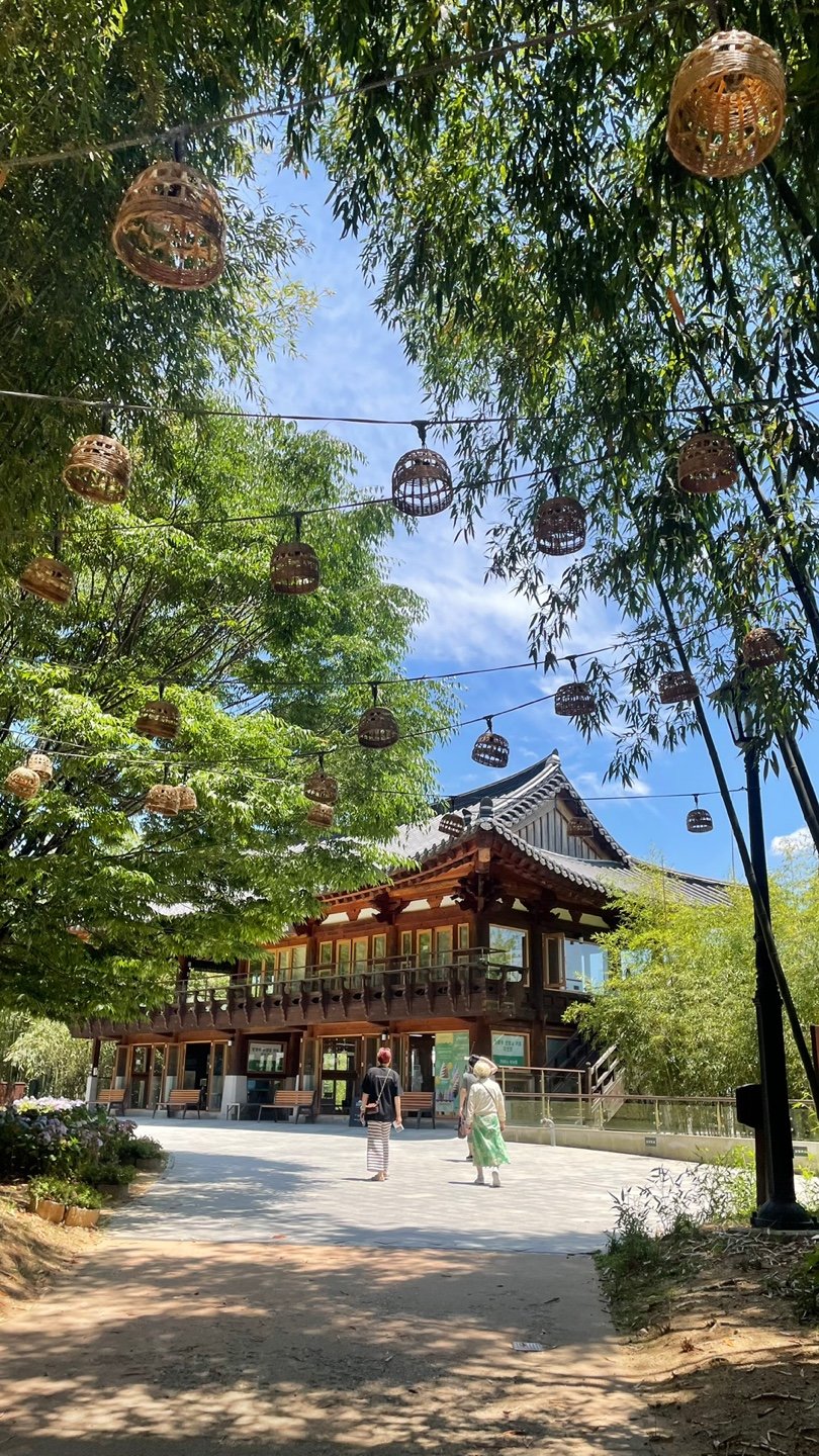 A hanok pavilion hung with woven lanterns in Namwon, Korea