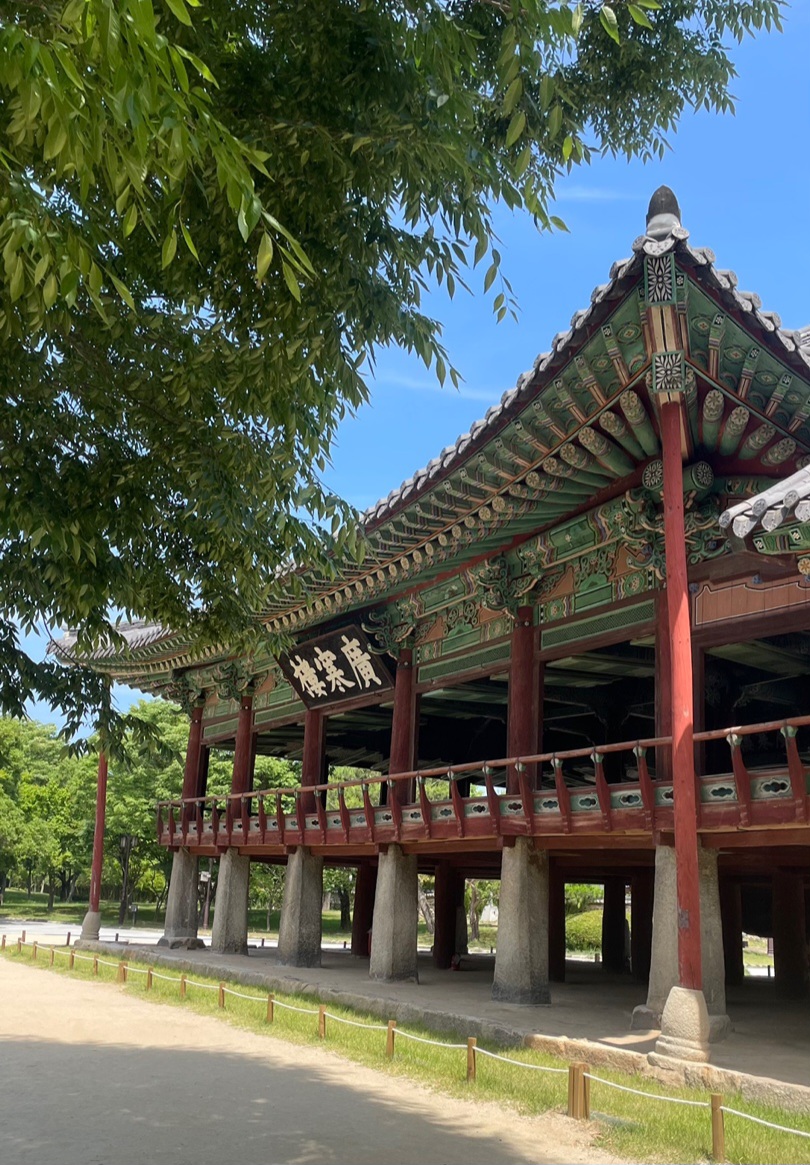 Gwanghallu Pavilion in Namwon seen from the side, raised on stone pillars with its painted eaves and plaque