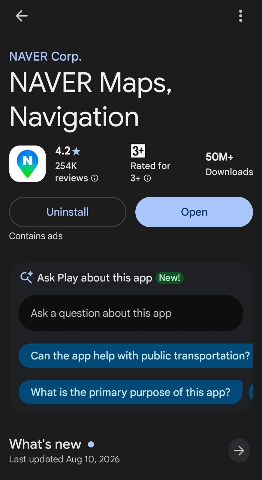 The NAVER Maps, Navigation listing on Google Play, published by NAVER Corp., showing a 4.2-star rating and over 50 million downloads